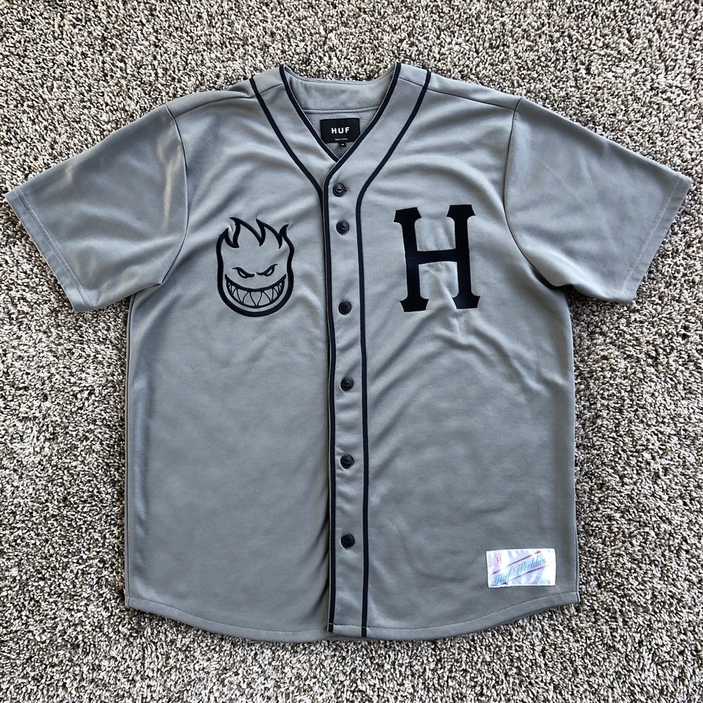 HUF x Spitfire Baseball Jersey Men Size M Gray Navy Trim Logos Huf Worldwide Y2K